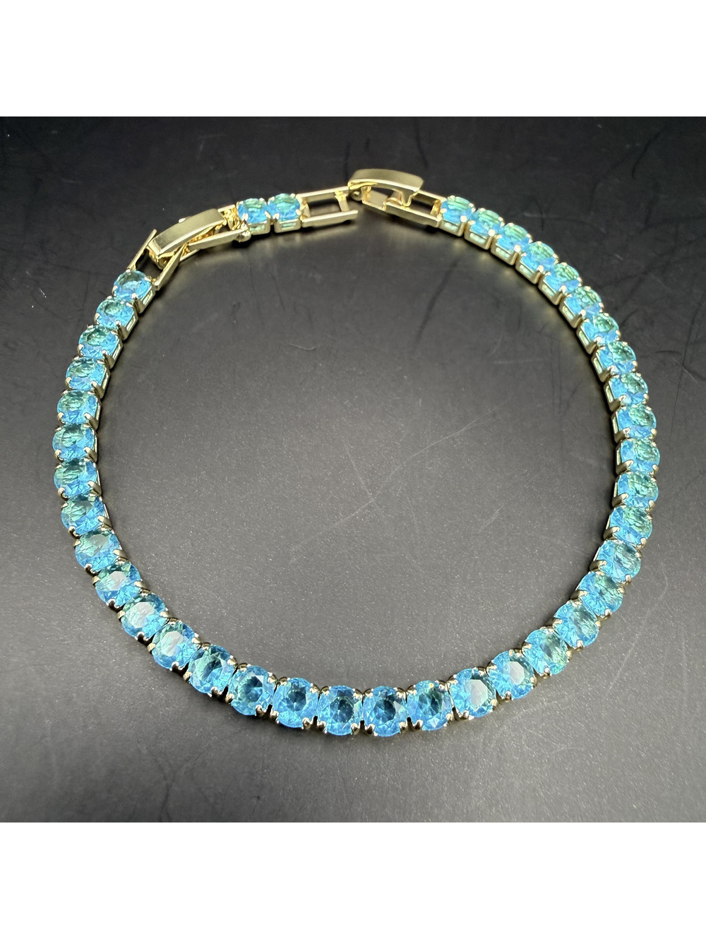 candy+clover aqua crystal gold tone tennis bracelet